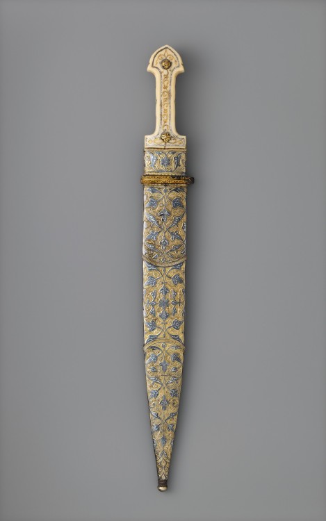 art-of-swords:  Qama Dagger with Sheath and Knife Dated: 1856–57 Culture: Caucasian Medium: steel, bone, silver, gold, shark skin, ivory, niello, iron Measurements: dagger - overall length with sheath 19 ¼ inches (48.9 cm); length without sheath 19