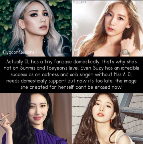 ygconfessions:  Actually CL has a tiny fanbase domestically, that’s why she’s not on Sunmi’s and Tae