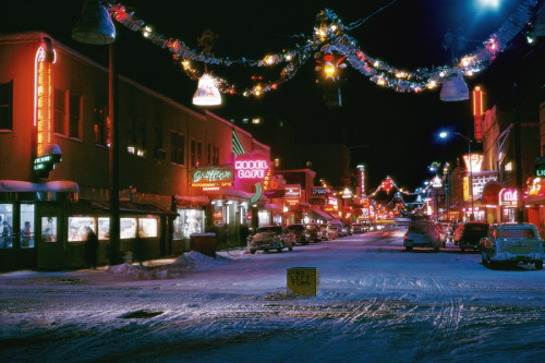 Second Avenue, the main business street in Fairbanks, Alaska, with Christmas decorations lighting th