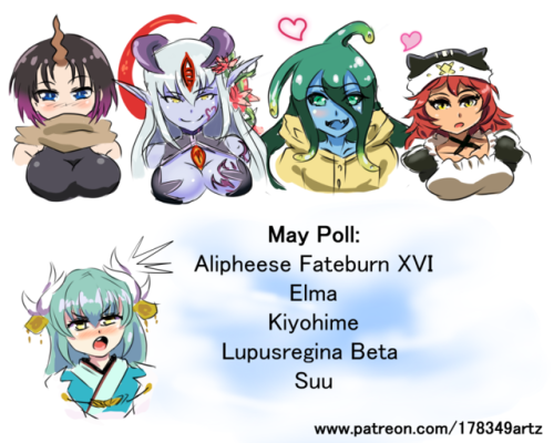 May character Poll - Monster Girls!(1$ reward)Featuring:  Alipheese Fateburn XVI (Alice) - MGQ   Elma -  Miss Kobayashi’s Dragon MaidKiyohime - FGOLupusregina Beta - OverlordSuu - MonMusu