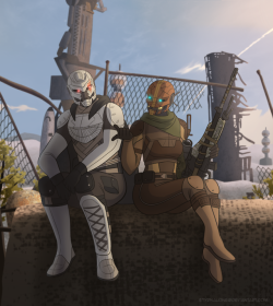 etyrnalone:    A piece I did for  @the-shadowsmiths fanbook, featuring two of her Exo Hunter characters chilling out in the Cosmodrome.  