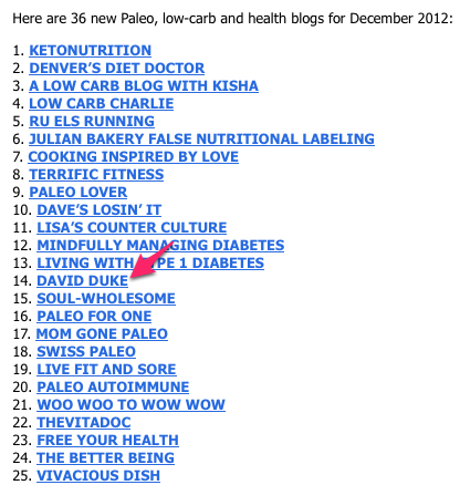 Jimmy Moore removed David Duke from his list of “36 New Paleo, Low-Carb & Health Blogs For December 2012,” but the internet remembers. It makes his meek proclamations that “All we talked about was high-fat, low-carb eating and people think I’m...