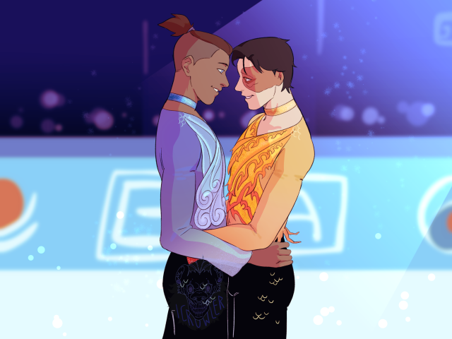 A drawing of Sokka and Zuka as ice figure skaters. They're standing on the ice facing eachother, both having their hands on eachother's hips. They're dressed in a glittery shirt representing their elements and basic black pants.