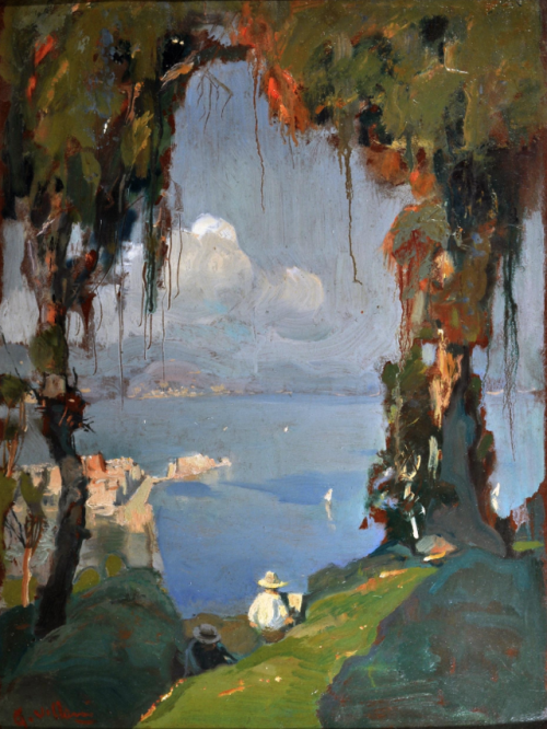 Villani Gennaro (Napoli 1885 - 1948) Napoli vista da Posillipo olio su cartone, cm 52x40