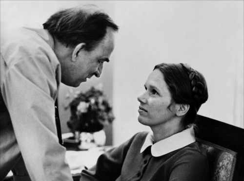 Director Ingmar Bergman gives direction to Liv Ullmann on the set of Autumn Sonata.