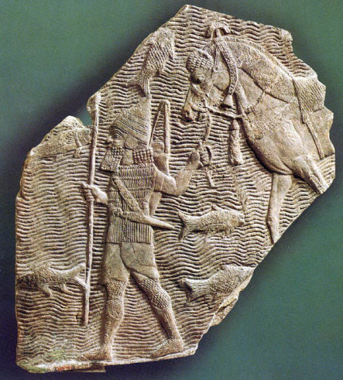 met-ancient-art:Relief depicting a cavalryman leading his horse beside a stream, Ancient Near Easter