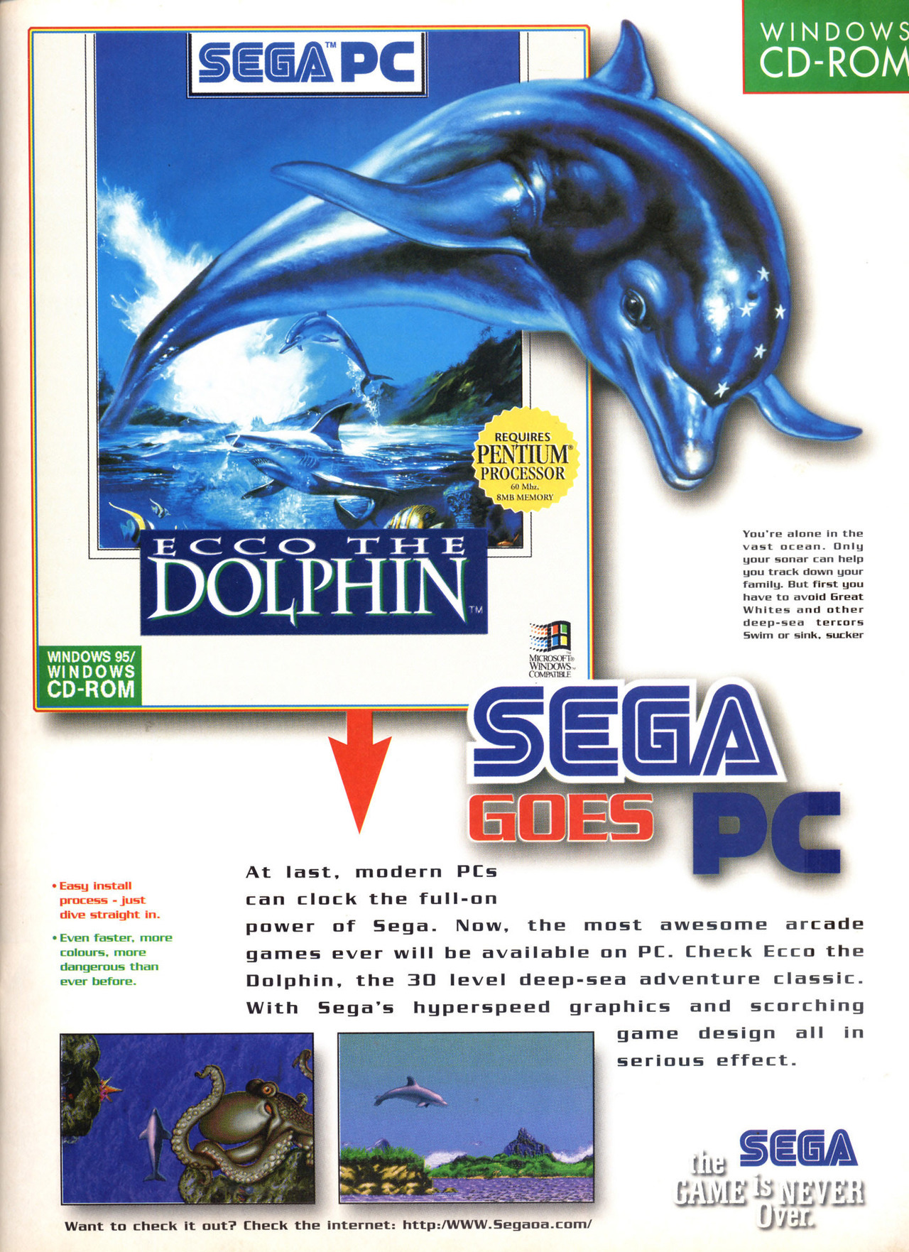 inerti Rose pegs Video Game Print Ads — 'Ecco the Dolphin' [PC] [UK] [MAGAZINE] [1996] via...