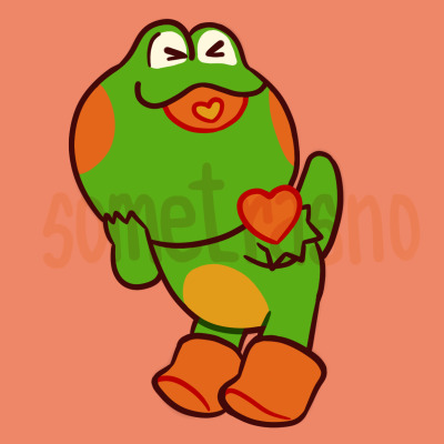 Froggie shyly but excitedly holding out a heart to the viewer. He has a yellow tummy.