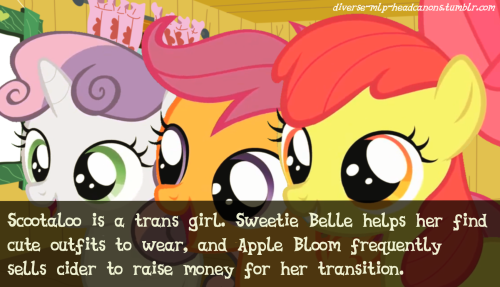 diverse-mlp-headcanons:Scootaloo is a trans girl. Sweetie Belle helps her find cute outfits to wea