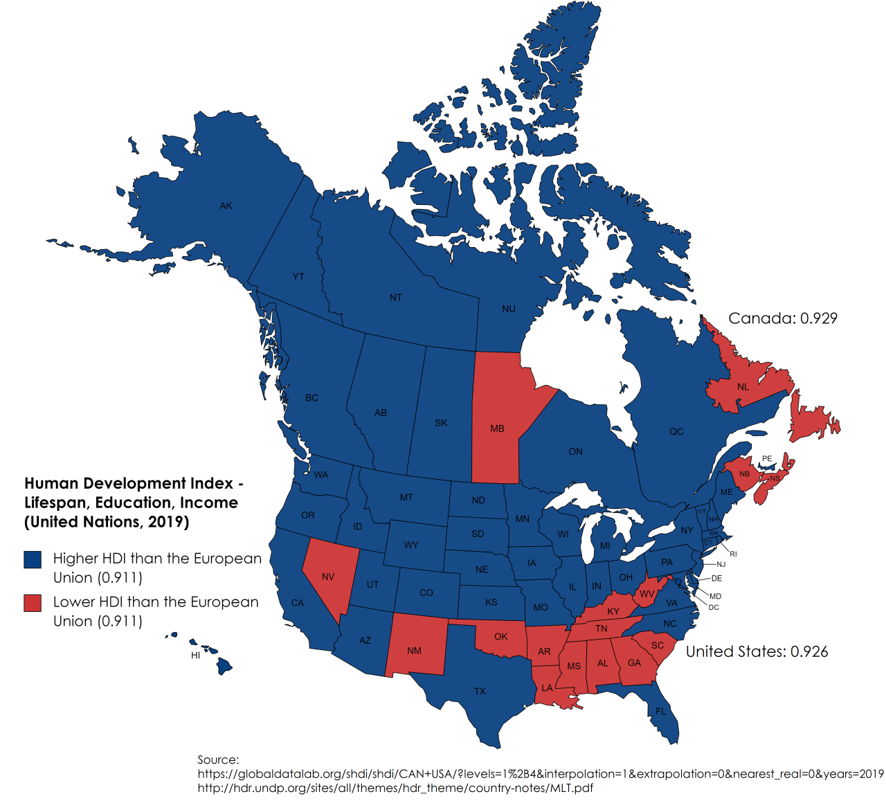 US states and Canadian provinces with a higher HDI (Human Development Index) than the European Union.