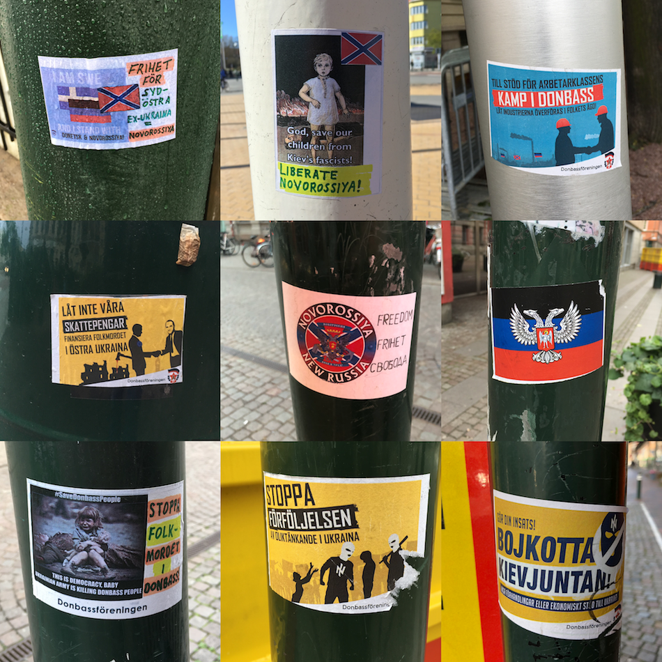 A collection of pro-Russian stickers found on lamp posts around Malmö during the last year. They’re focused on vilifying the post 2014 Ukrainian government, and to highlight the alleged struggles of the people of Donbass/Novorossiya. The stickers are...