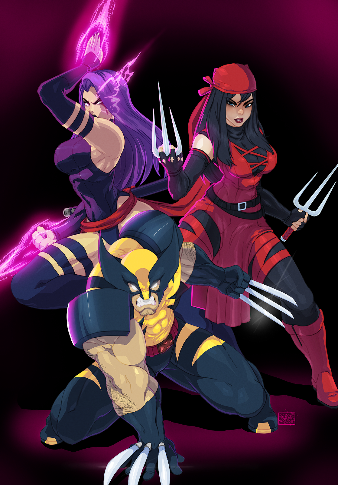 tovio-rogers:  full color commish of marvel’s wolverine, psylocke, and electra