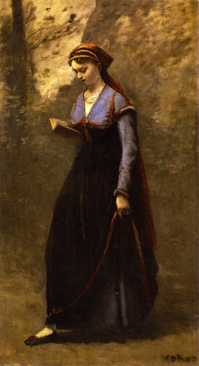 Woman in Velvet Skirt Reading (1868). Jean-Baptiste-Camille Corot (French, 1796-1875). Oil on canvas
