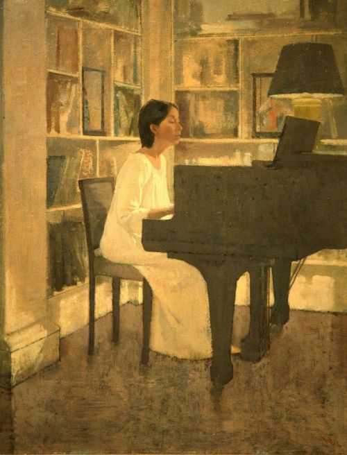 Piano number Three -  Aaron Shikler , 1974.American b.1922-oil on board, 18 x 14 in (45,7 x 35,6 cm)