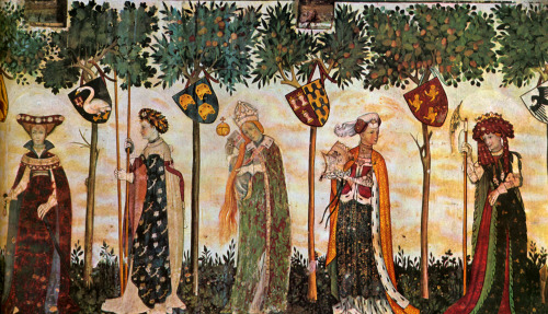 history-of-fashion: ab. 1420 Jacques Iverny - Castello della Manta, details of fresco (Castello dell