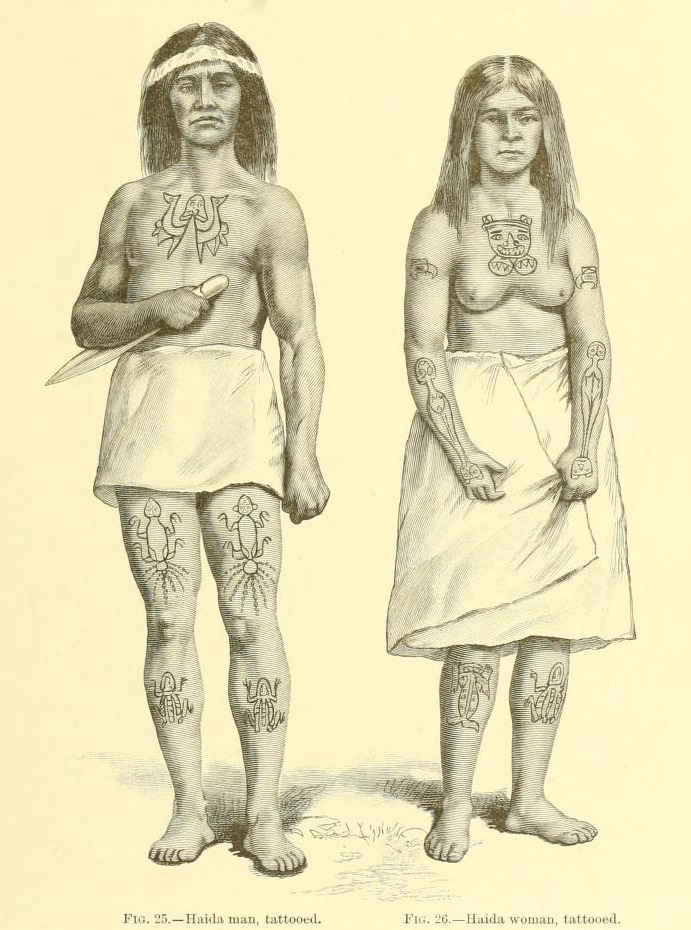   Illustrations of tattooed Haida people, from the 1880 Annual report of the Bureau