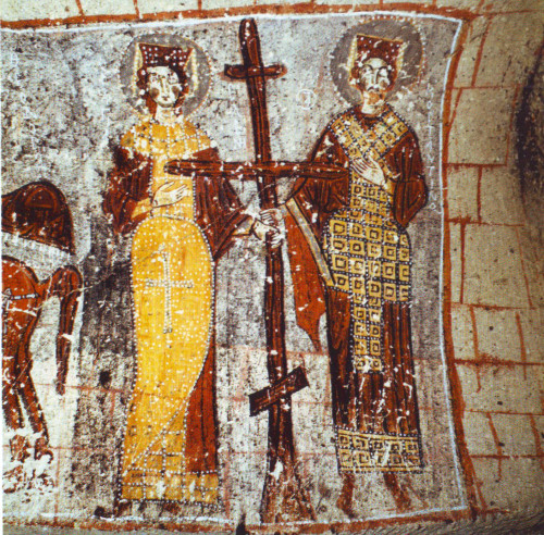 Byzantine Emperor Constantine and his mother Empress Helena from a 12th c. fresco in Cappadocia,Turk