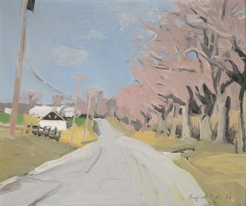 myfairynuffstuff:Fairfield Porter (1907 - 1975) - Cobb Road Water Mill in April. 1966. Acrylic on bo