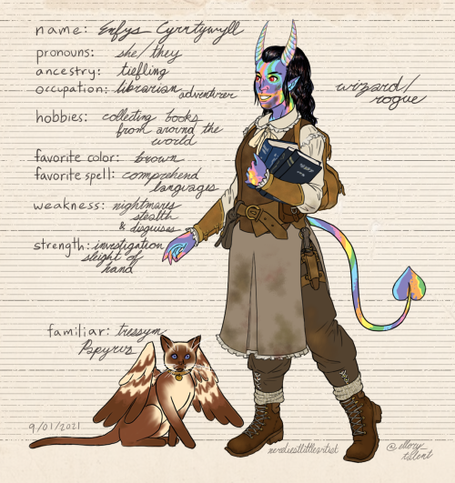 nerdiestlittleartist:I wanted to give my rainbow tiefling an adventurer’s outfit, familiar, and a na