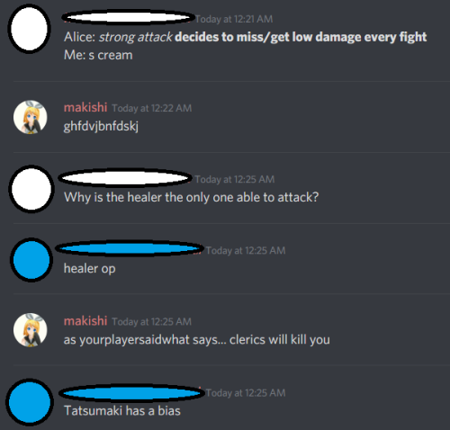So we just got into our first fight. (This is a RP-styled DND session). I’m the Cleric, blue circle 