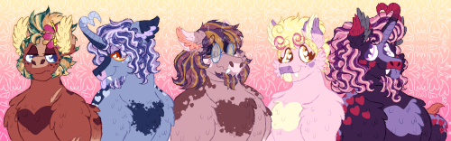 A digital drawing of Sweet Briar Rose Quartz (an orange Pegasus with blue eyes and a short green mane that had a red flower in it) with a stern expression, Concord Beaunoir (a blue unicorn with orange eyes and a people mane) smiling cooly with his tongue out, Apollo L'Amour Sparkle (a brown Pegasus with a purple mane and blue glasses) smiling nervously, Ruby Raspberry Chocolate (a pink pony with a yellow mane and orange eyes) looking towards her twin brother smiling with her tongue out, and Eros Eversweet Pomegranate (a purple alicorn with a people mane and purple eyes) looking towards his twin sister smiling with his tongue out, all in front of a pink and yellow backdrop that is patterned with with white hearts