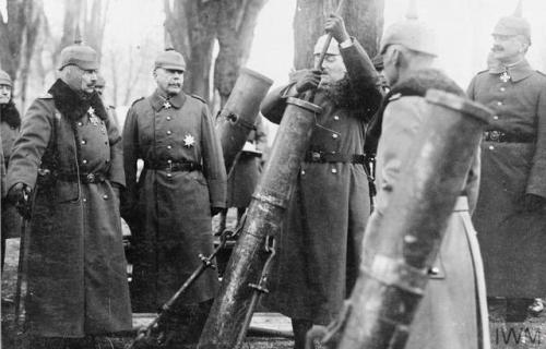 scrapironflotilla:Kaiser Wilhelm II examining captured British trench mortars in Bruges during his v