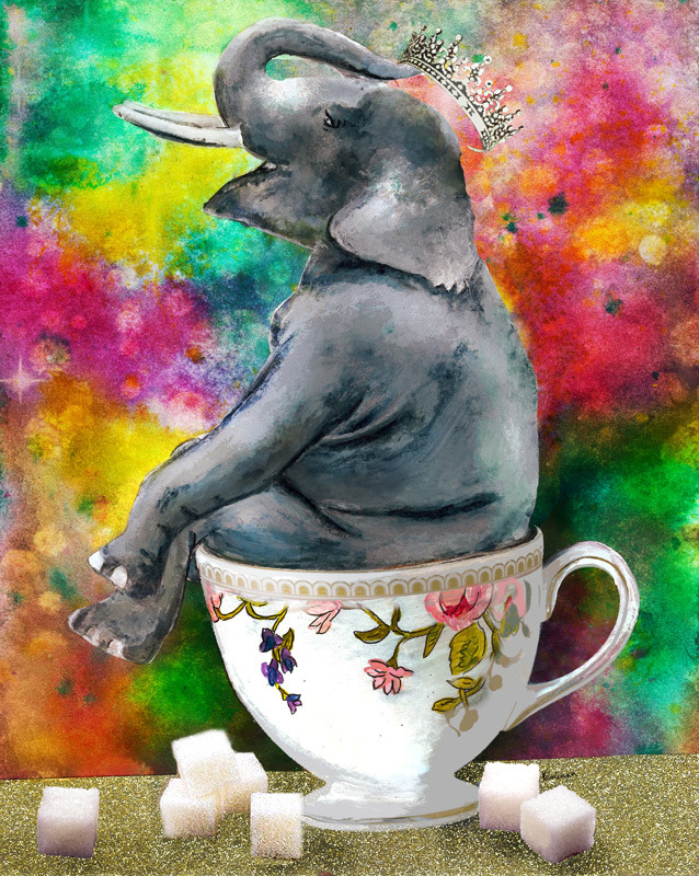 Teacup elephant. Acrylic and mixed media collage. Original art by Karen Coleman.