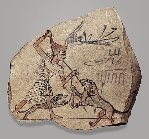 Artist&rsquo;s Sketch of Pharaoh Spearing a Lionca. 1186 - 1070 BC (New Kingdom)Limestone, ink