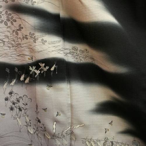 Beautiful crow vintage obi, paired with a summer kurotomesode depicting insects mimicing a daimyo pr