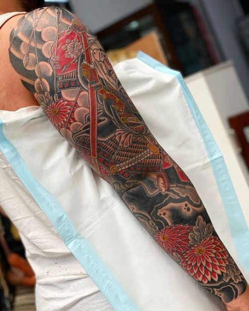 Back angle of a Benkei sleeve completed recently @lighthouse_tattoo @thesolidink @lotusneedles. . 