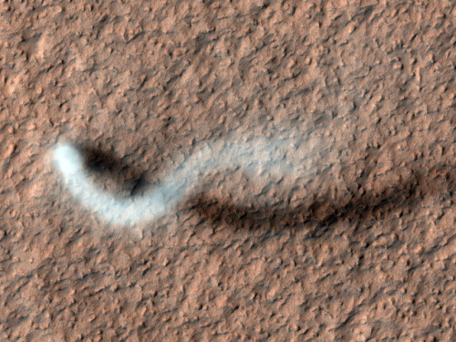 humanoidhistory:February 16, 2012 – A dust devil stalks the Amazonis Planitia region of Mars, observ