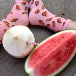 happylittleveganmite:  Most hydrating and refreshing breakfast in this unbearable Brisbane heat.  Sporting my fav socks, drinking a coconut water and chowing down on a quarter of a hydrating watermelon