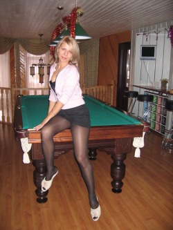 tightsobsession:  Opaque tights on a pool