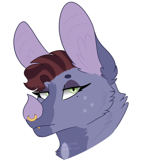 [image ID: a digital headshot drawing of an anthropomorphic bat character. it has blue-grey fur with
