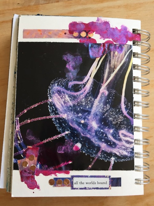 “all the worlds bound”, art journal, 2018 matls: found/collected paper, magenta ink, pearl-ex pigmen