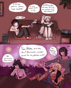 dashingicecream:  Modern!AU where Blake is stolen suddenly by Yang for a few days for a fun bff getaway (featuring Yang bf Ren who joins them one night in a club). Blake enjoys hanging out with Yang, but she misses Weiss throughout it. Weiss, Blake’s