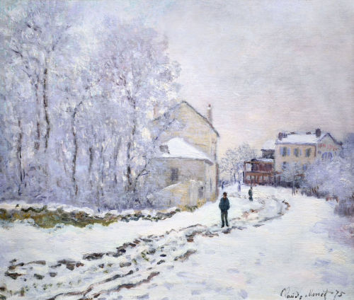 malinconie: Claude Monet, Snow at Argenteuil, 1875 A Cart on the Snow Covered Road with Saint-Simeon