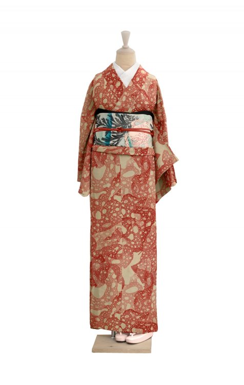 Algae print kimono paired with ukiyoeoctopus obi (by Gofukuya)