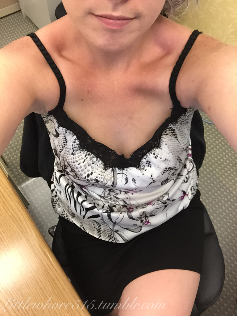 littlewhore515:  Today in the office. It’s just so hot I hardly wore anything at