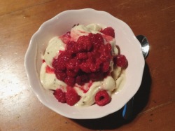 Tonight&rsquo;s dessert: raw vanilla choc-chunk banana ice cream topped with warmed raspberries. YES.