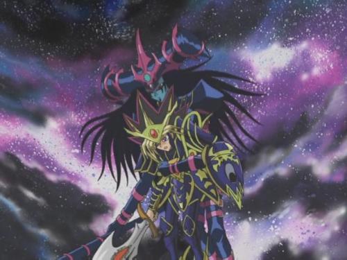 thewittyphantom:Dark Magician and Magician of Black Chaos helping Yami Yugi in Capsule Monsters. (He