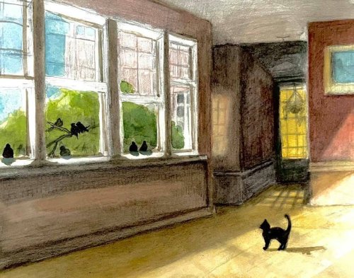 cafeinevitable:Small Black Cat Meets Large Black Birds by Jan Waldonwatercolour painting