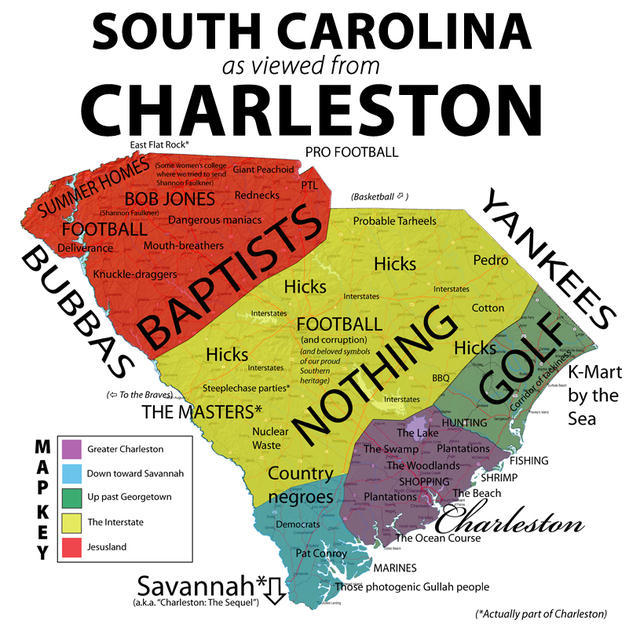 South Carolina as viewed from Charleston.
More stereotype maps »