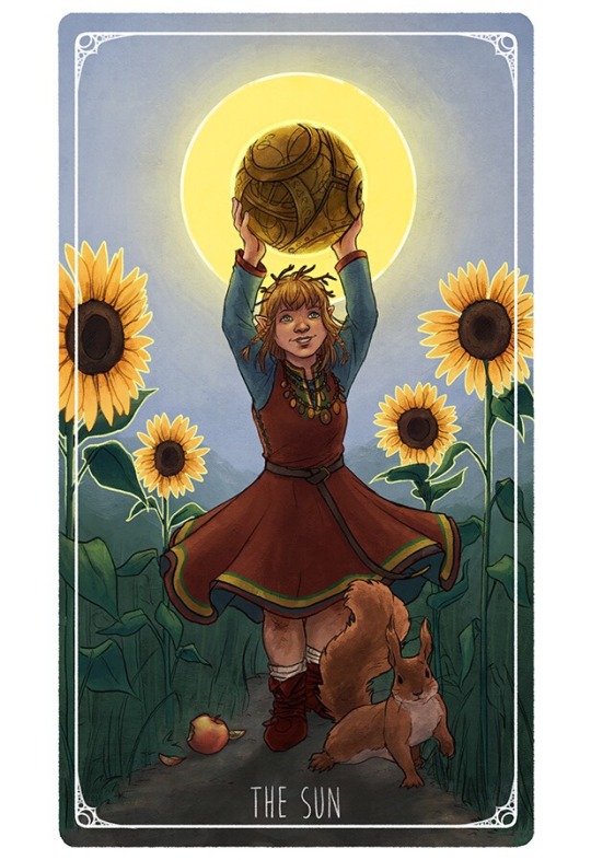 digital drawing of the tarot card the sun, featuring twiggy from critical role, her pet squirrel trixie and the happy fun ball of tricks