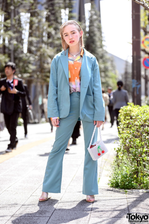 18-year-old Japanese fashion student Ashley wearing an X-Girl blue suit, Susan Alexandra beaded cher