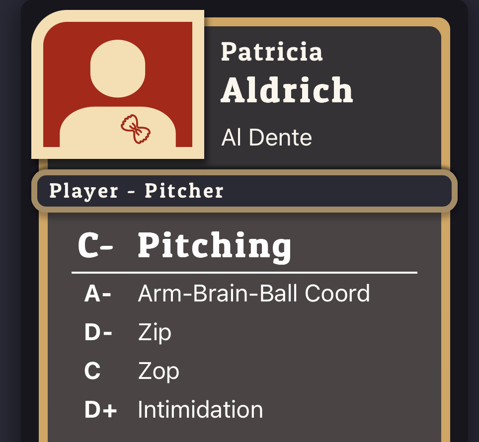 A screenshot from Terror Ball's website of Al Dente pitcher Patricia Aldrich. They have a C- Pitching rating, with their individual stats being A- Arm-Brain-Ball Coord, D- Zip, C Zop, and D+ Intimidation.