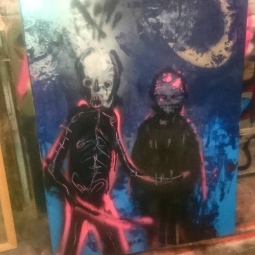 Lads in the nightA work in progress. . . . . . . #art #painting #weird #spraypaint #canvas #Lond