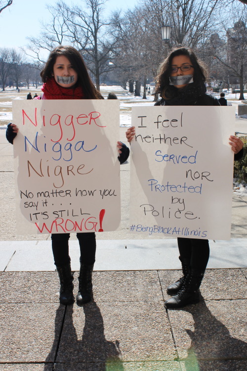 yo-tori:  kadyroxzwhat:  boobsanddimples:  l20music:  beingblackatillinois:  Several University of Illinois Students gathered on the quad for a silent protest against the oppressive remarks made to Black students.  Love this. I wanna see more of these