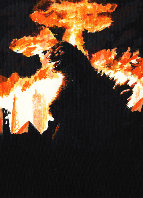webshooters:  Acrylic painting of Gojira, used a Godzilla figure with dull back lighting as a model. Took about 4 hours to finish. Plan on doing a bigger one in oil this summer. 