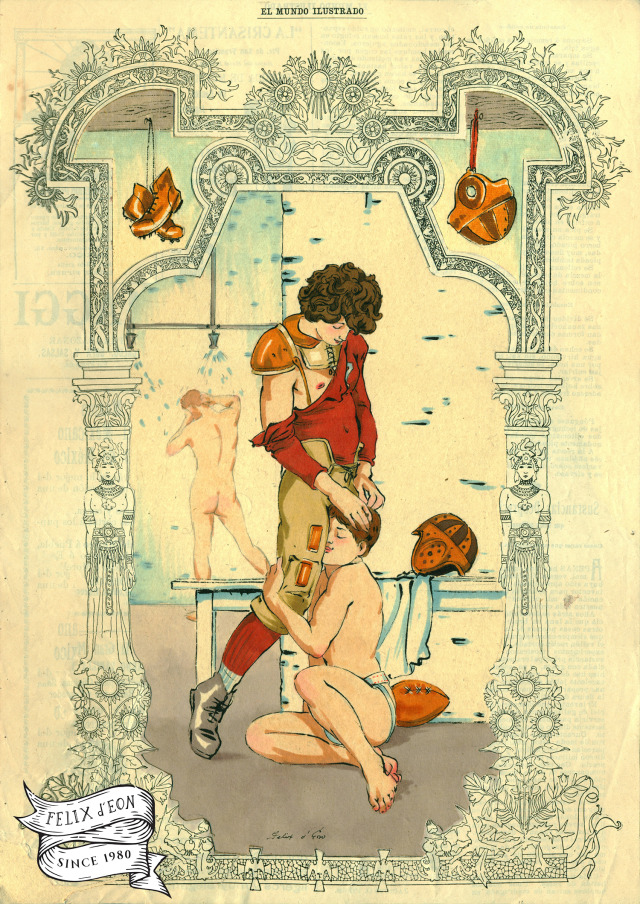 "My Football Hero." A young man expresses his love for his boyfriend in the locker room in this drawing of queer love, 100 years...